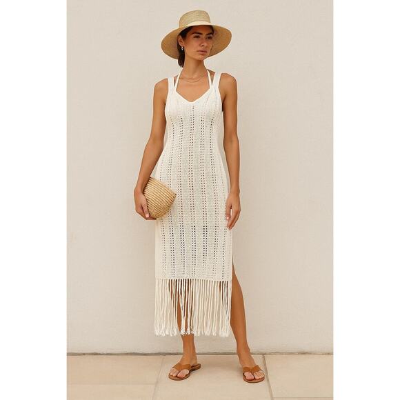 Jonathan Simkhai Dresses & Skirts - Jonathan Simkhai Kamilah Fringe Dress Midi Crochet Ivory Resort Cotton Small